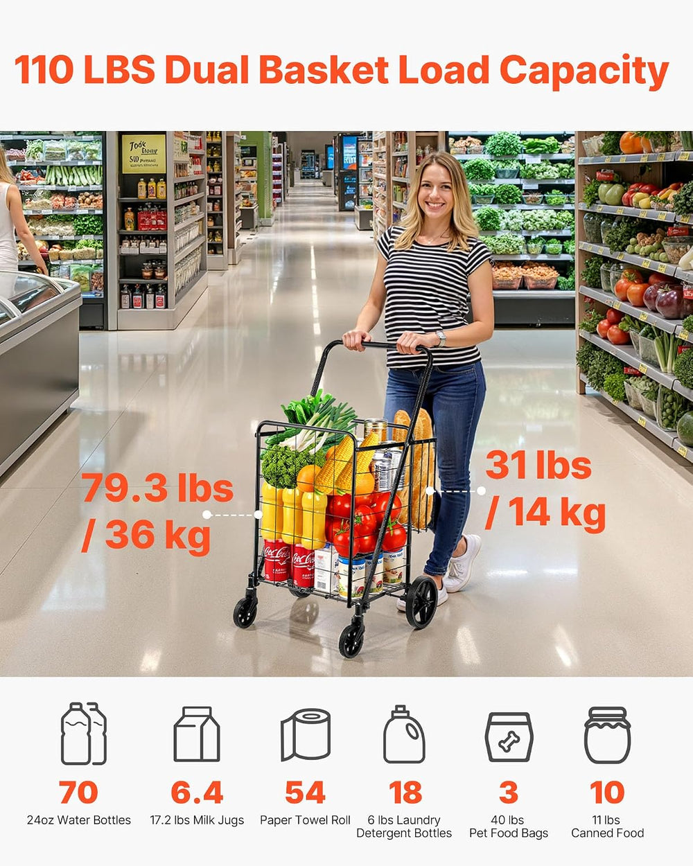 VEVOR Folding Shopping Cart Jumbo Grocery Utility Cart with Double Baskets