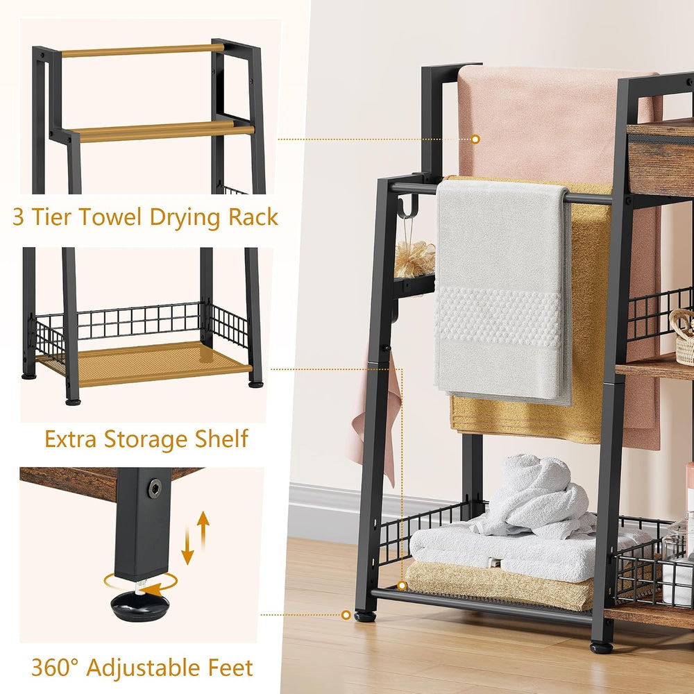 2-in-1 Bathroom Ladder Shelf with Towel Rack & Drawer,Rustic Brown