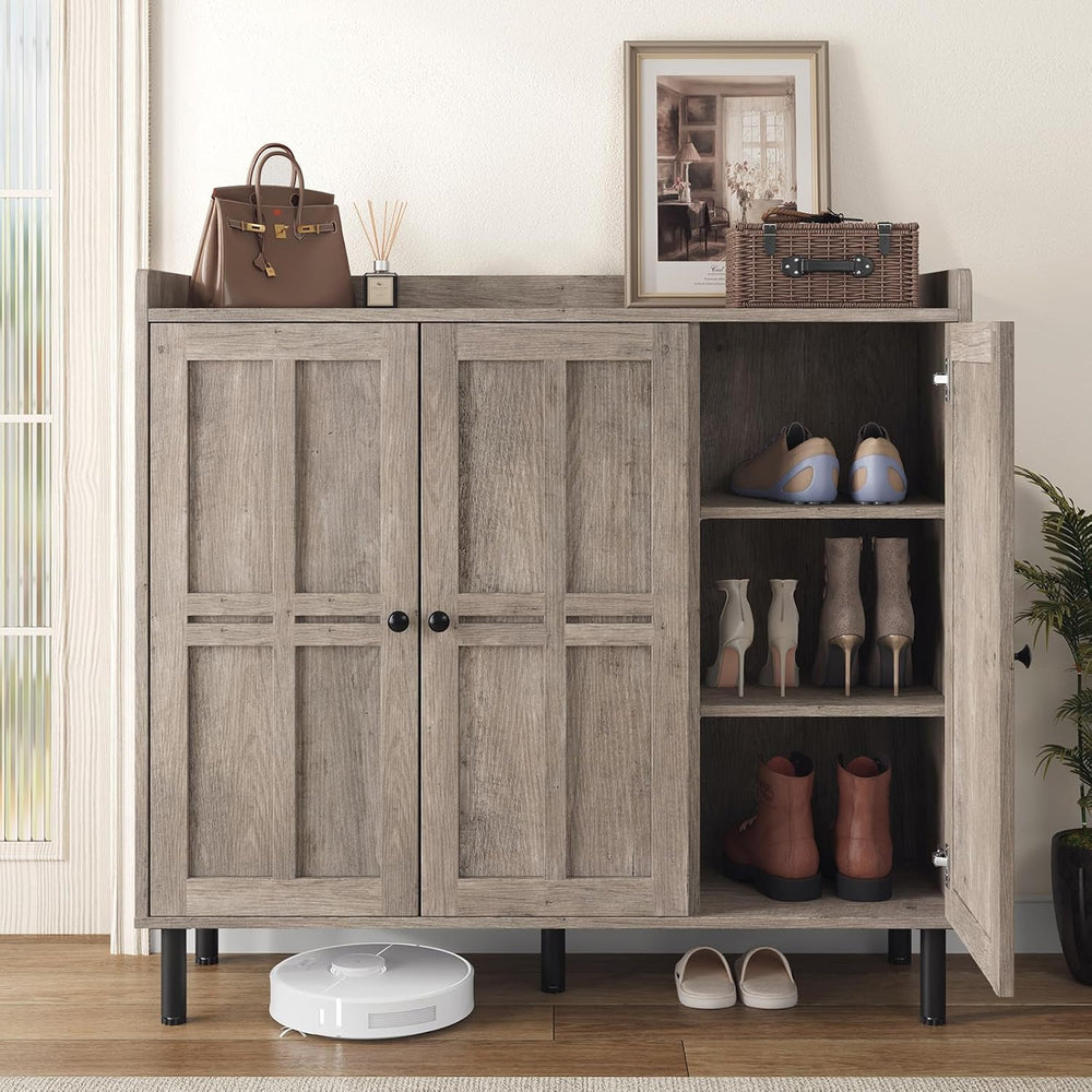 ComfyCorner Shoe Cabinet with 3 Doors, Shoe Rack for Entryway, Washed Gray