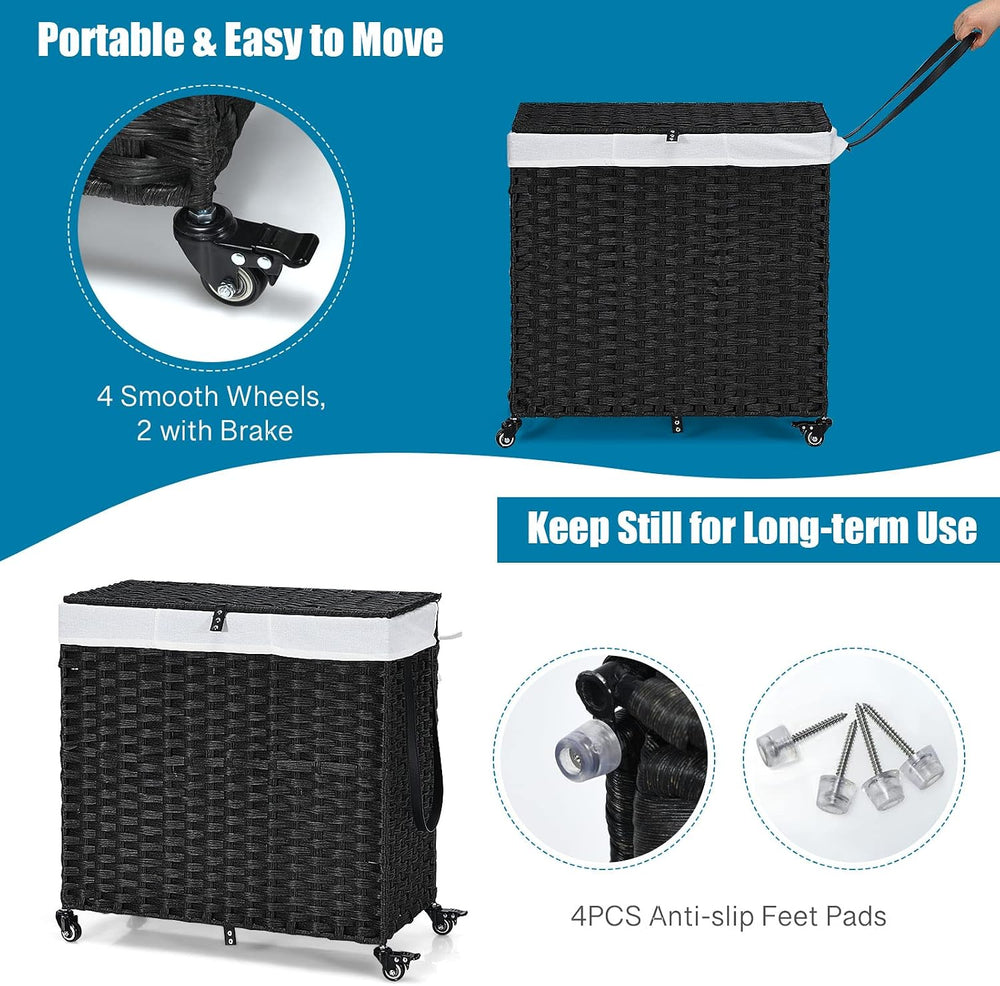 GOFLAME Laundry Hamper with Lid and Wheels, 125L Hand Woven Rattan Laundry Ba...
