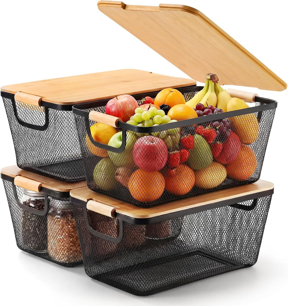 4 Pcs Black Metal Wire Basket with Wooden Handles and Bamboo Lids 14.37"...