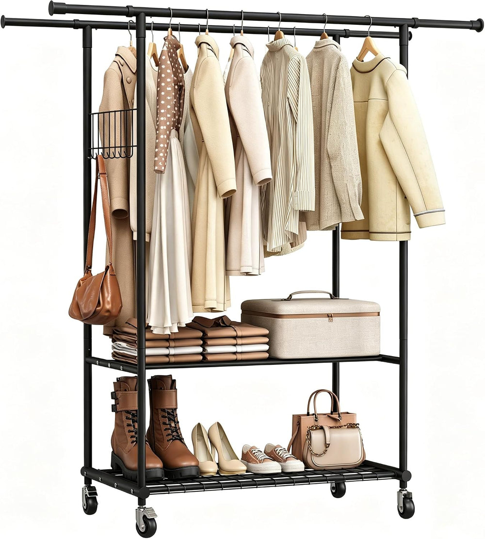 Double Rods Clothes Rack with Wheels, Heavy Duty Rolling Clothing Rack with S...