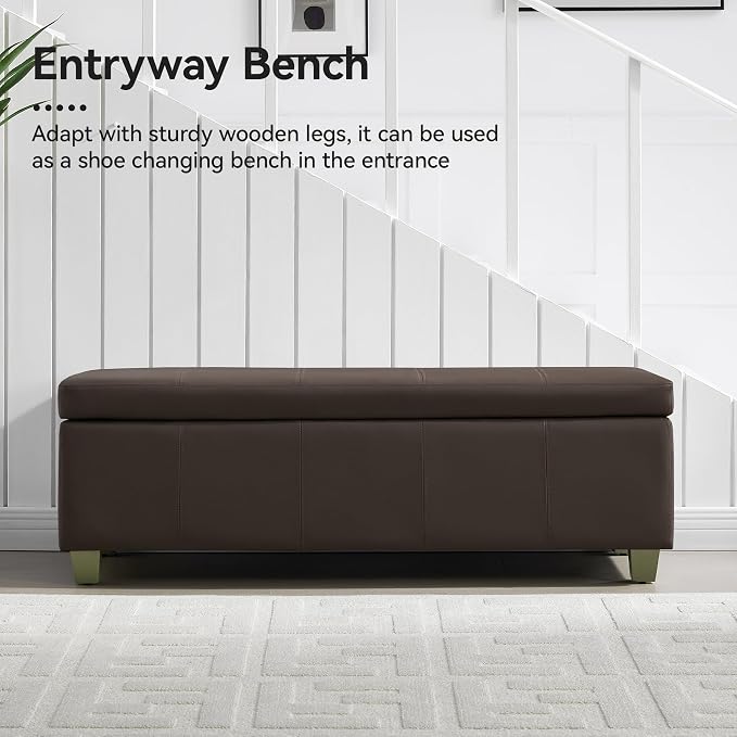 51" Faux Leather Storage Ottoman, Stitch Tufted Rectangle Upholstered En...