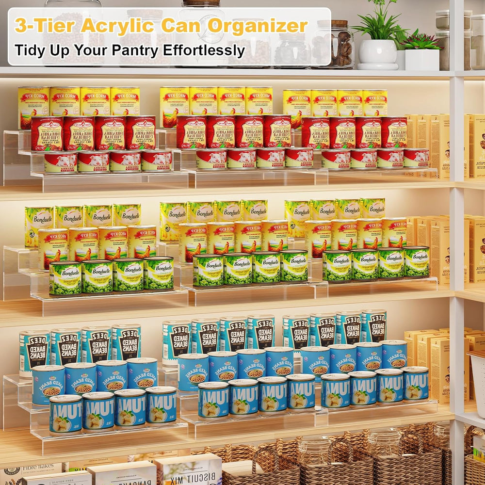 Expandable Clear Acrylic Can Organizer for Pantry, 3-Tier, Holds 24 Cans