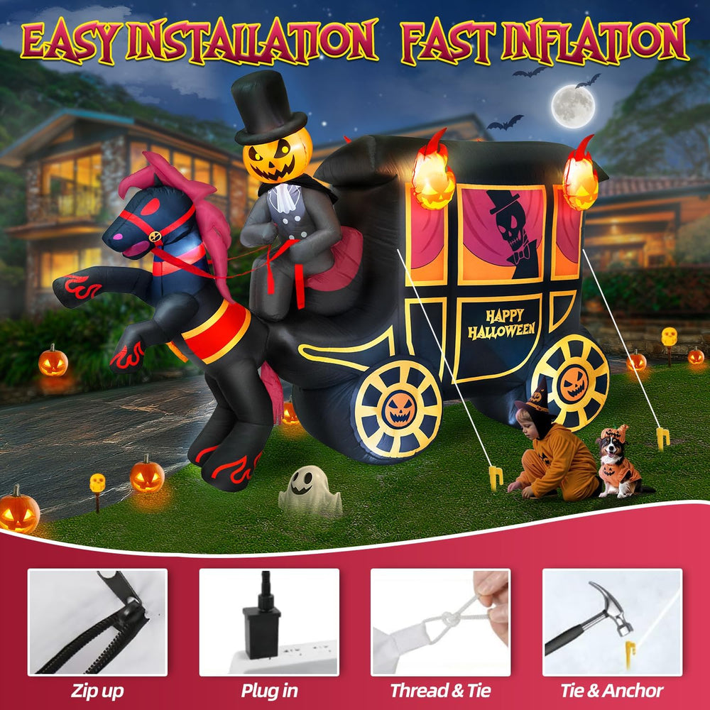 10FT Long Halloween Inflatables Built-in LED Light Pumpkin-Headed Horse Carri...