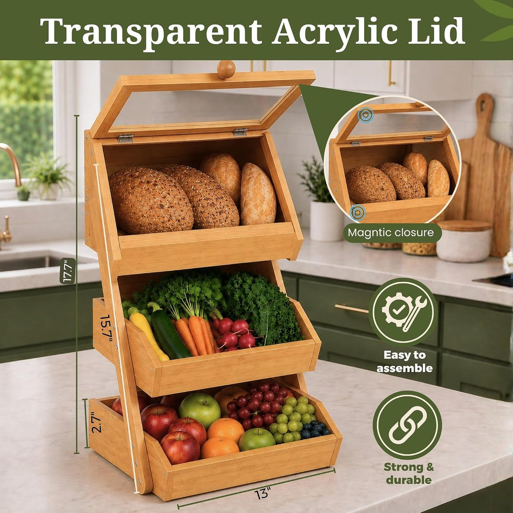 3-Tier Bamboo Basket with Preassembled Drawers, Acrylic Cover & Banana Ho...