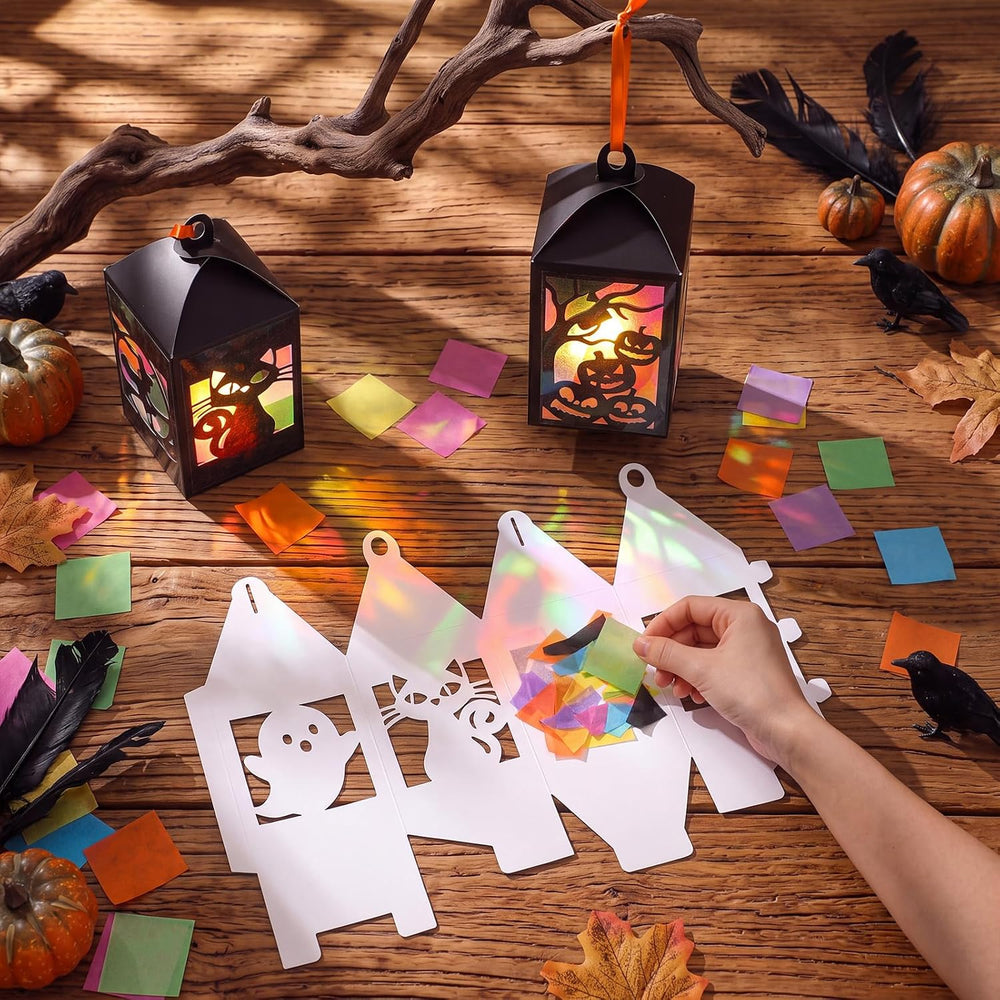 60 Sets Halloween Paper Lantern Crafts Bulk Pumpkin Ghost Suncatcher Kit