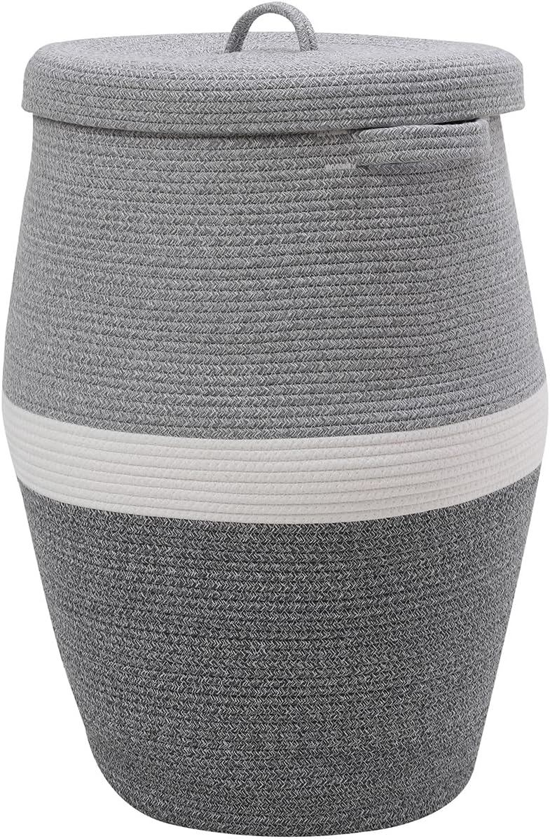26"x20" Extra Large Tall Woven Laundry Basket with Lid, Cotton Rope...