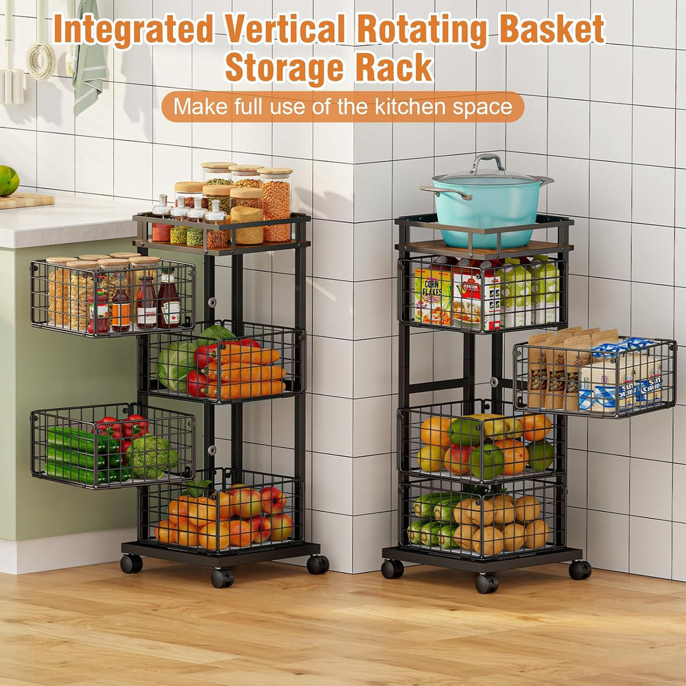 4-Tier Kitchen Storage Cart, Rotating Fruit Vegetable Storage Cart, Rolling K...