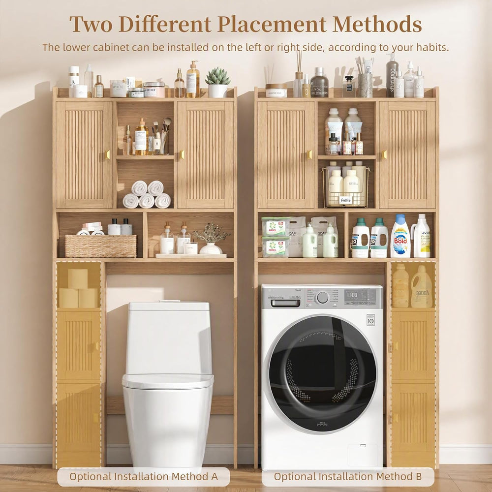 Fluted Over The Toilet Storage Cabinet with 4 Doors, Natural Oak