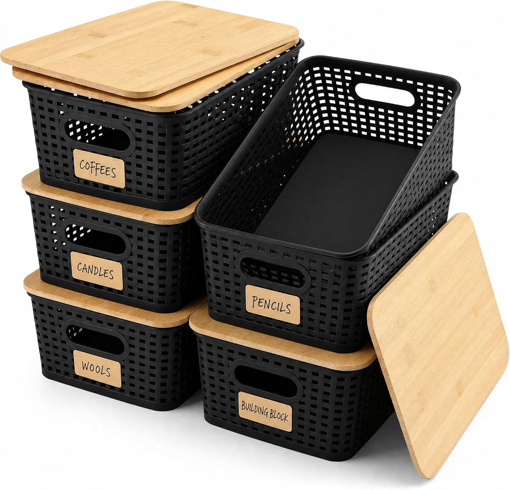 AREYZIN Storage Bins with Bamboo Lids Set of 6 Lidded Storage Container Plast...