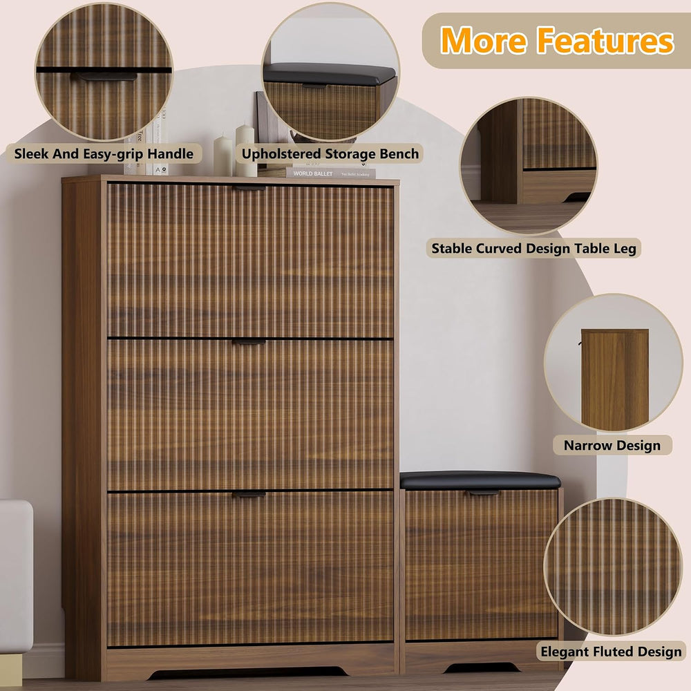 BORNOON Slim Shoe Cabinet with Bench for Entryway, Hidden Storage and Adjusta...