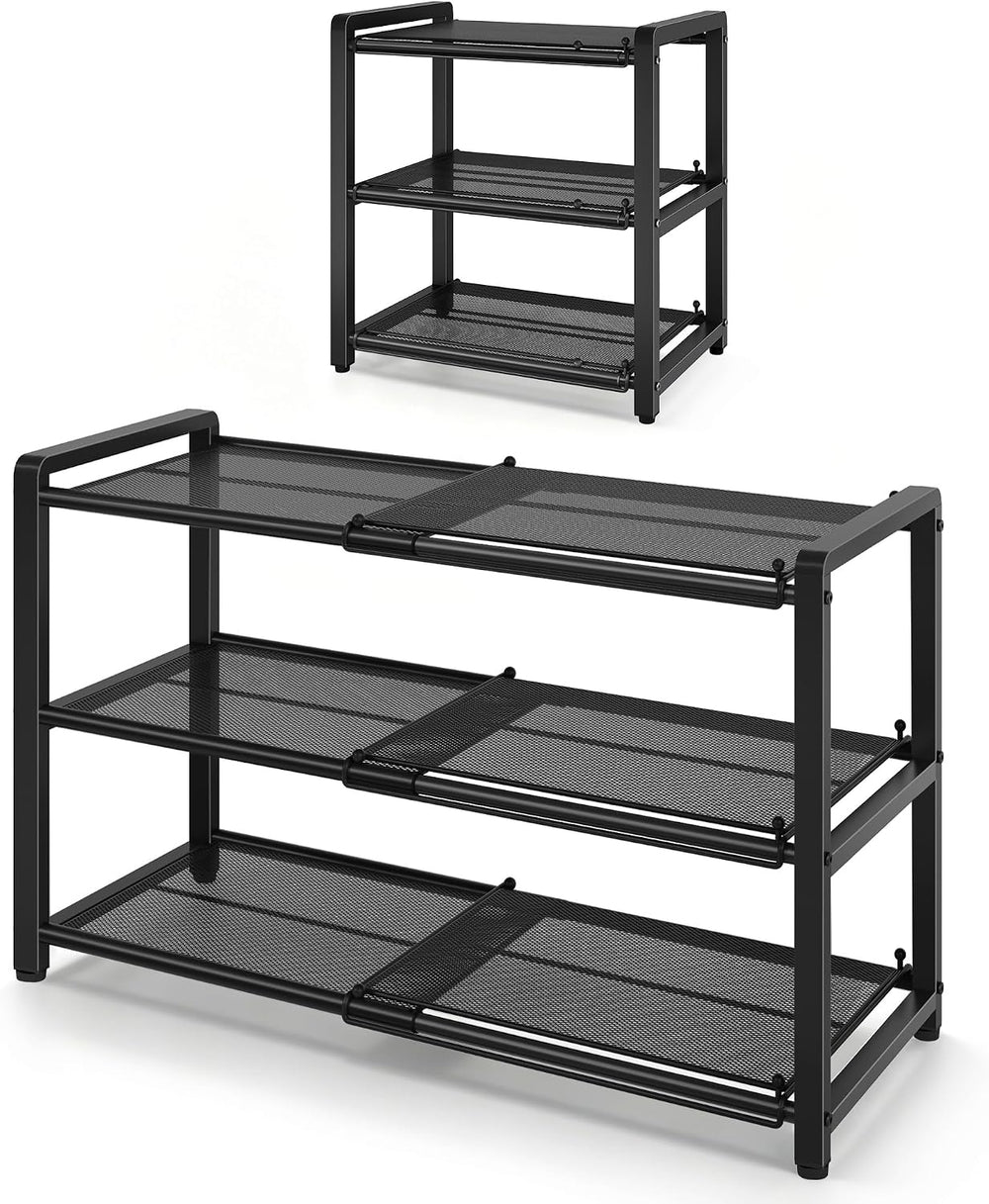 Gewudraw Expandable Metal Shoe Rack for Closet, 3-Tier Shoe Organizer,Black