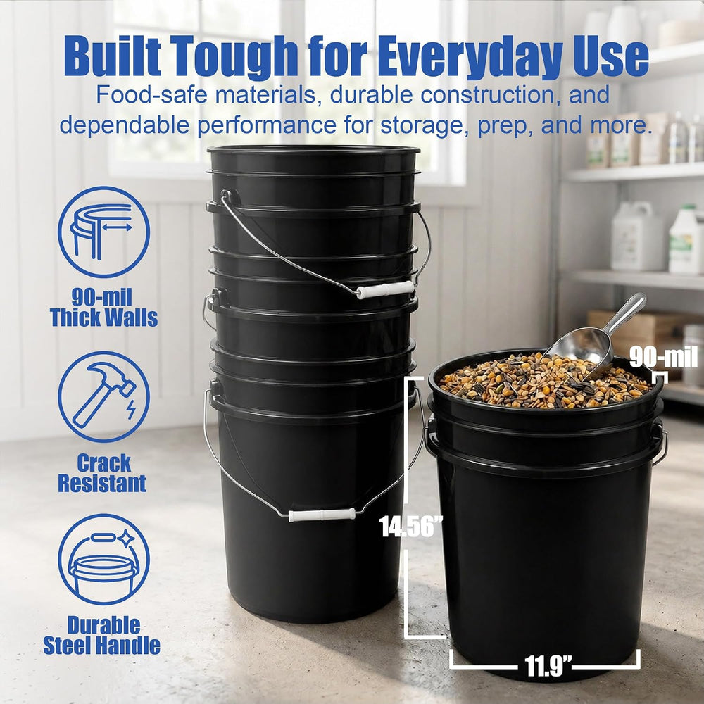 ePackageSupply 5 Gallon Bucket - Food Grade w/Lid BPA-Free, 6 Pack - Black