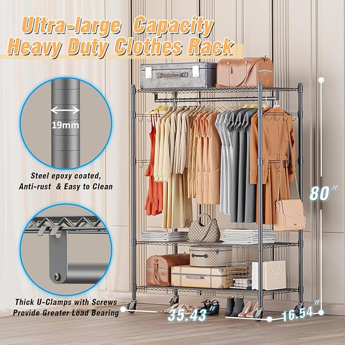 Homdox Heavy Duty Rolling Clothing Rack, Adjustable Garment Rack