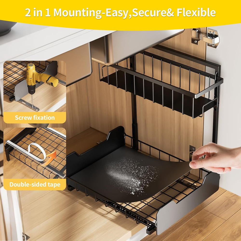 Under Sink Organizer, 2-Tier L-Shaped Pull Out Cabinet Shelf with 2 Installat...