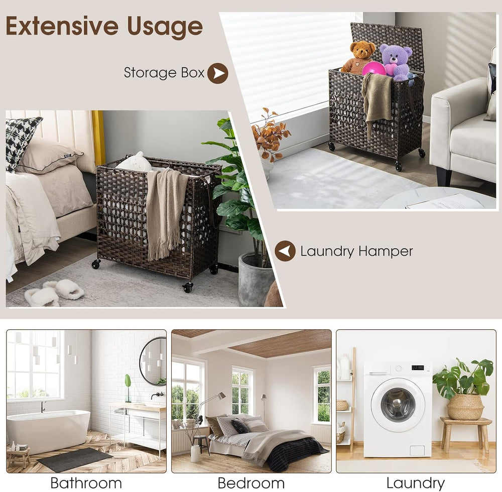 GOFLAME Laundry Hamper with Lid and Wheels, 110L Folding Synthetic Rattan Clo...