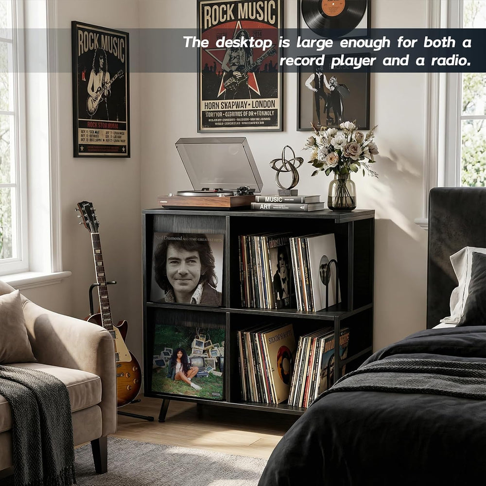 3 Tier Record Player Stand with Flip-Down Record Shelf, Black