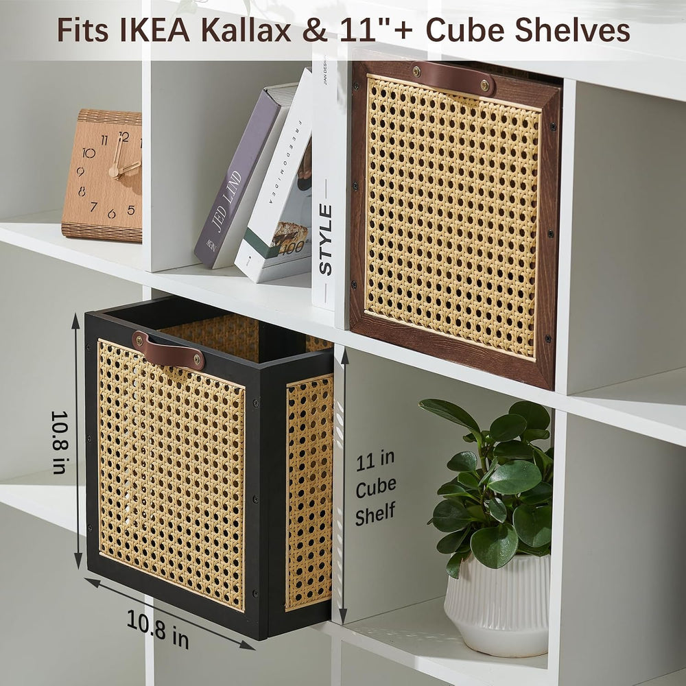 2PCS Rattan Storage Cubes Decorative Handmade Wooden Basket Box