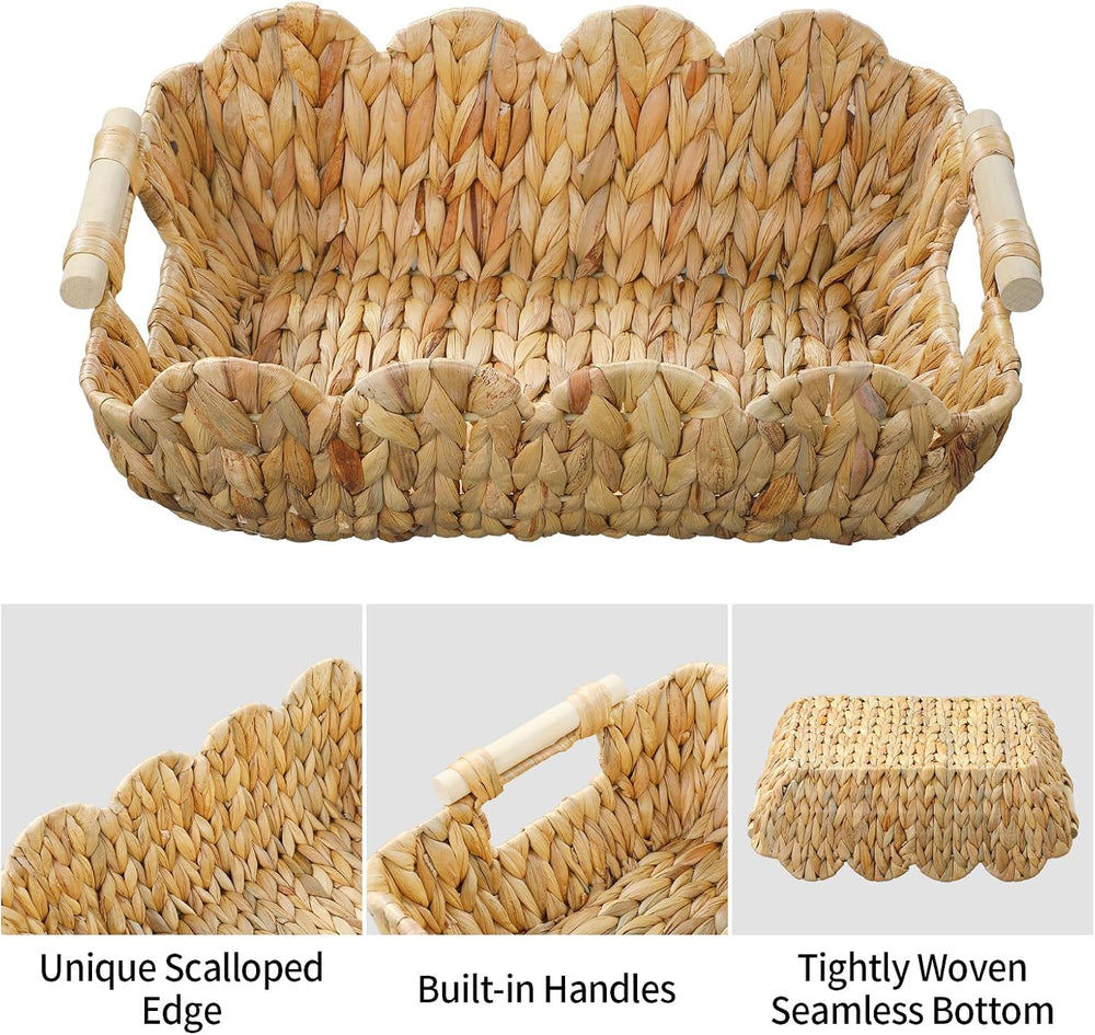 2 Pack Wicker Baskets, Cute Scalloped Baskets,Natural Water Hyacinth