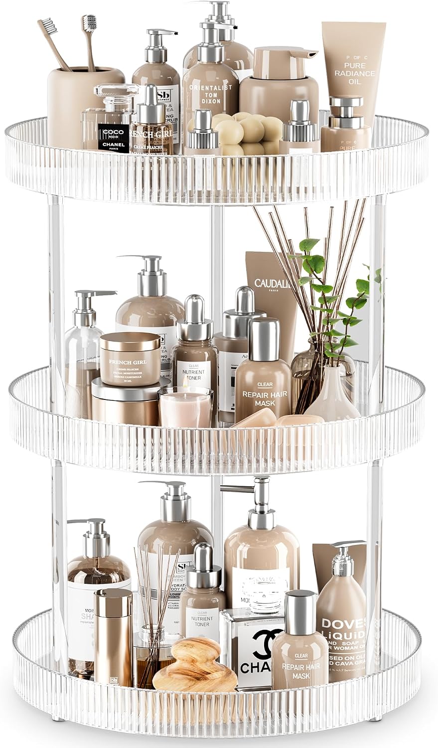 3 Tier Lazy Susan Bathroom Countertop Organizer, 360° Clear Rotating Makeup C...