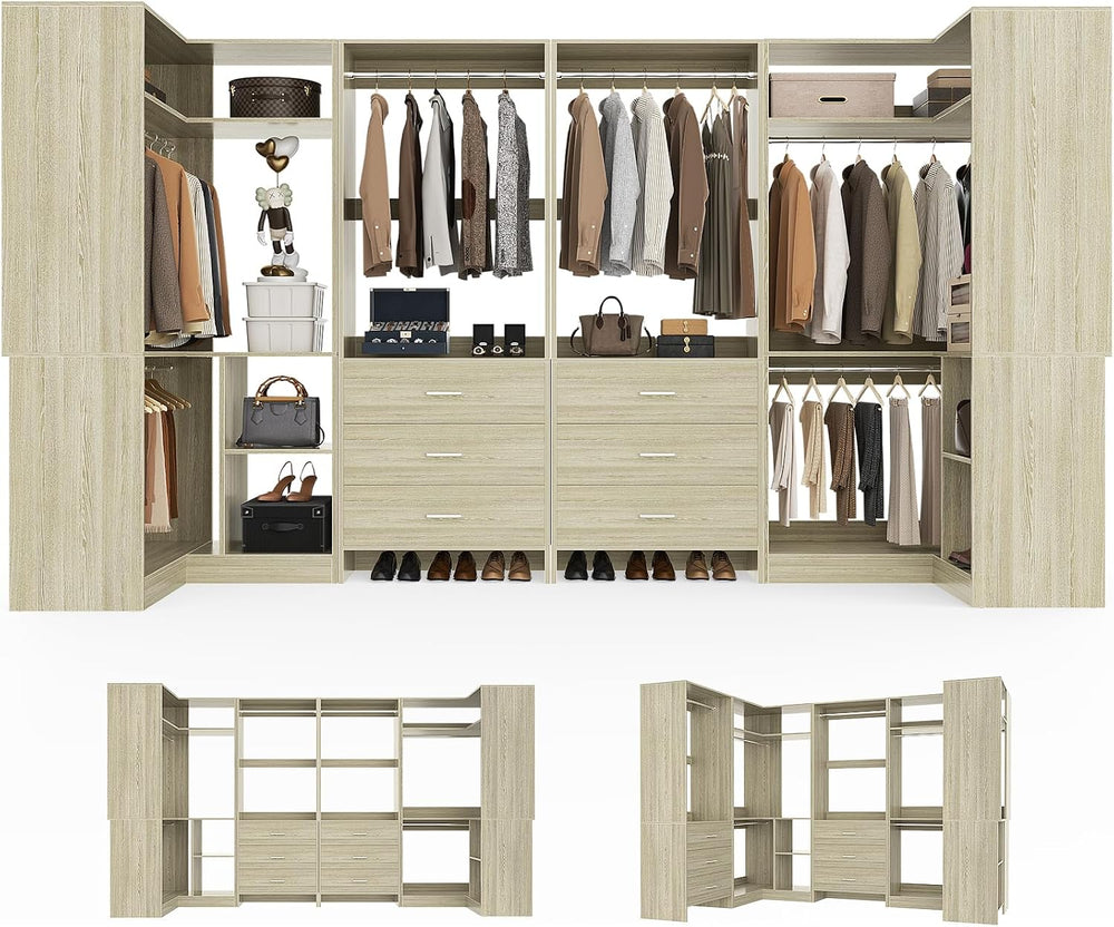 Aheaplus Closet System with Drawer，Hanging Rods,U-Shaped，Set of 4,White Oak