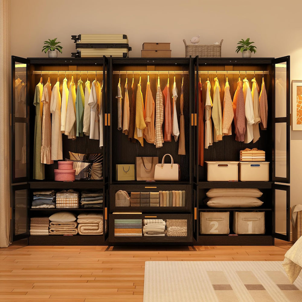 6 Doors Armoire Wardrobe Closet with LED and Mirror,71" H Freestanding W...