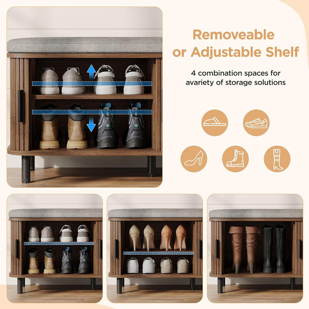 Maupvit Shoe Storage Bench with Smooth Fluted Sliding Doors, 2 Tier Hidden Sh...