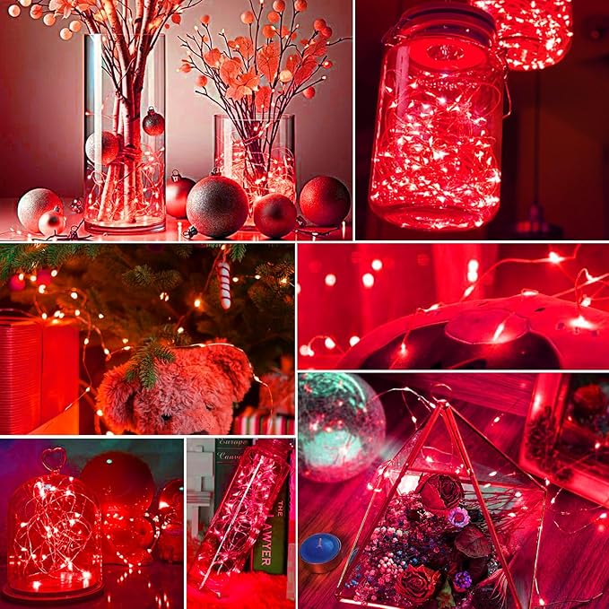 pozzolanas 100 Pack Red Battery Operated String Lights - 7ft Waterproof Fairy...