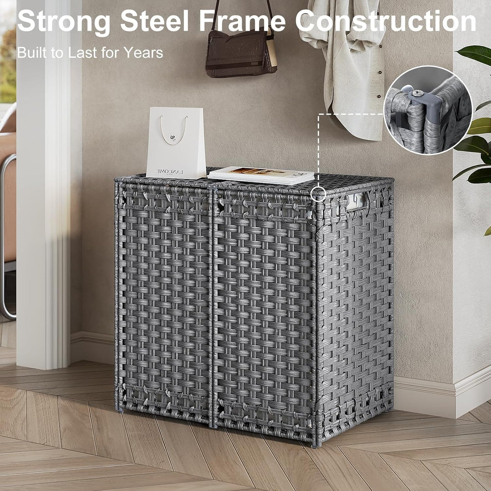 170L Foldable Laundry Hamper with Lid - Handwoven Rattan Storage Basket, 2-Se...