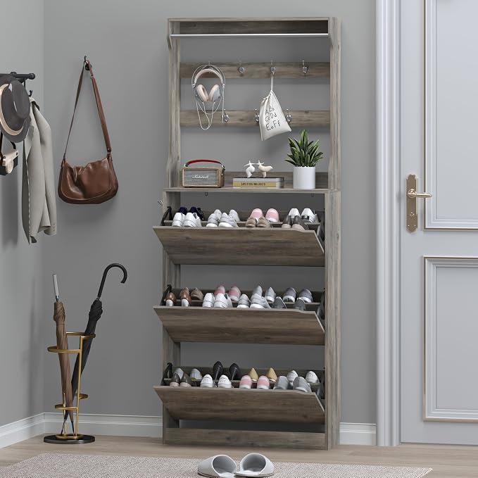 Shoe Cabinet with 3 Flip Drawers & Coat Rack, Narrow Hidden Shoe Storage ...
