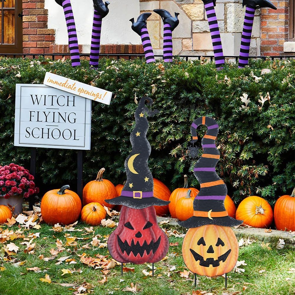 YEAHOME Halloween Decorations Outdoor, 2 Pack Metal Pumpkin Garden Stakes wit...