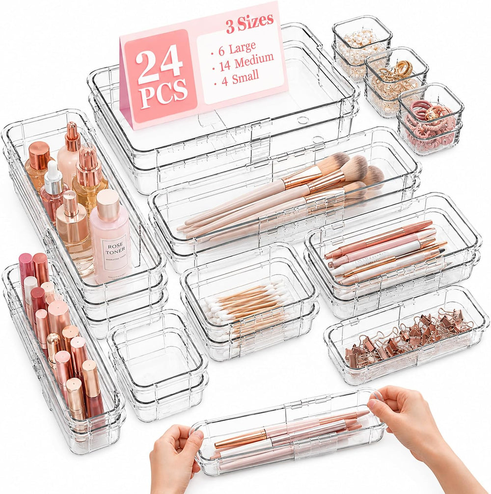24 Pcs Clear Adjustable Drawer Organizer, 3-Size Expandable Desk Drawer Organ...
