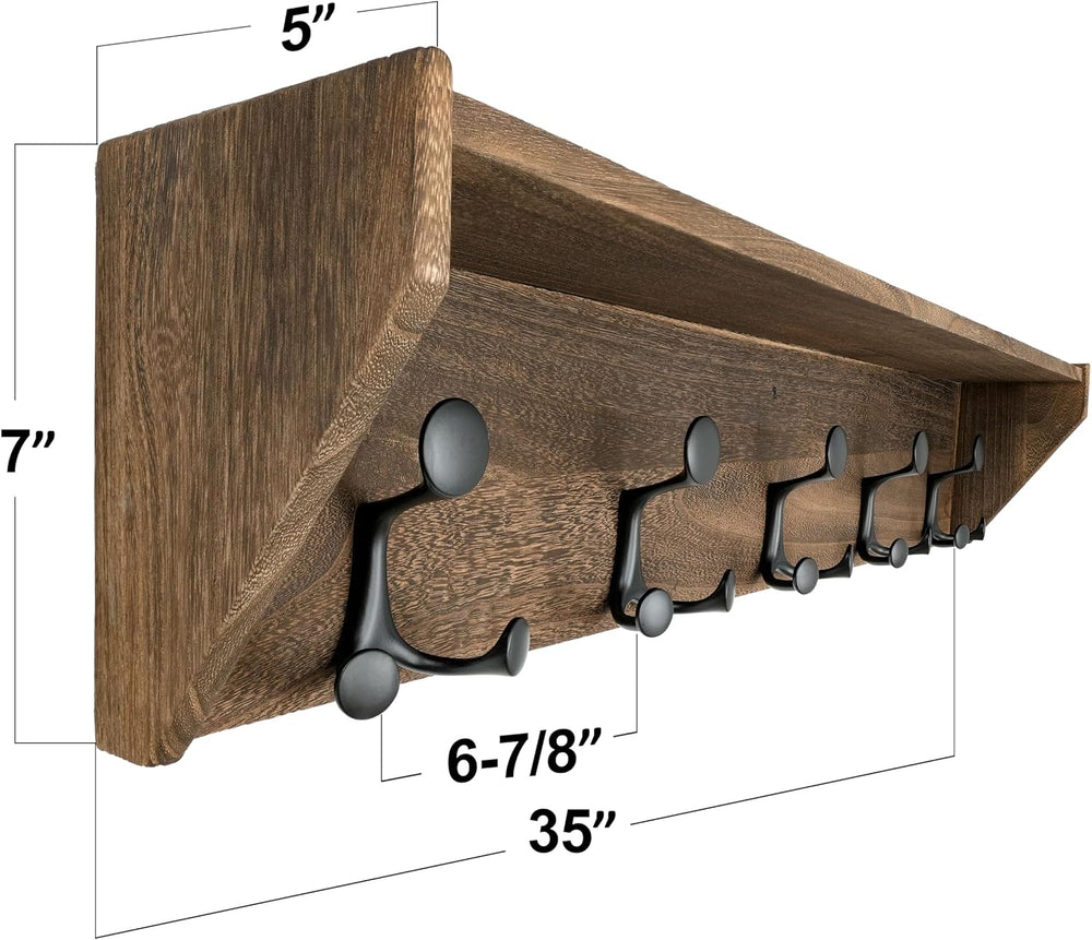SKOLOO Wall Shelf with Hooks, 35-Inch Weathered Brown Wall Mounted Coat Rack ...