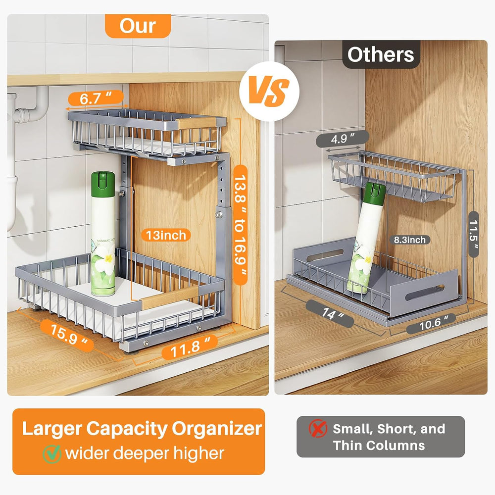 PXRACK Under Sink Organizer, Adjustable Height, 2 Tier Pull Out Under Cabinet...