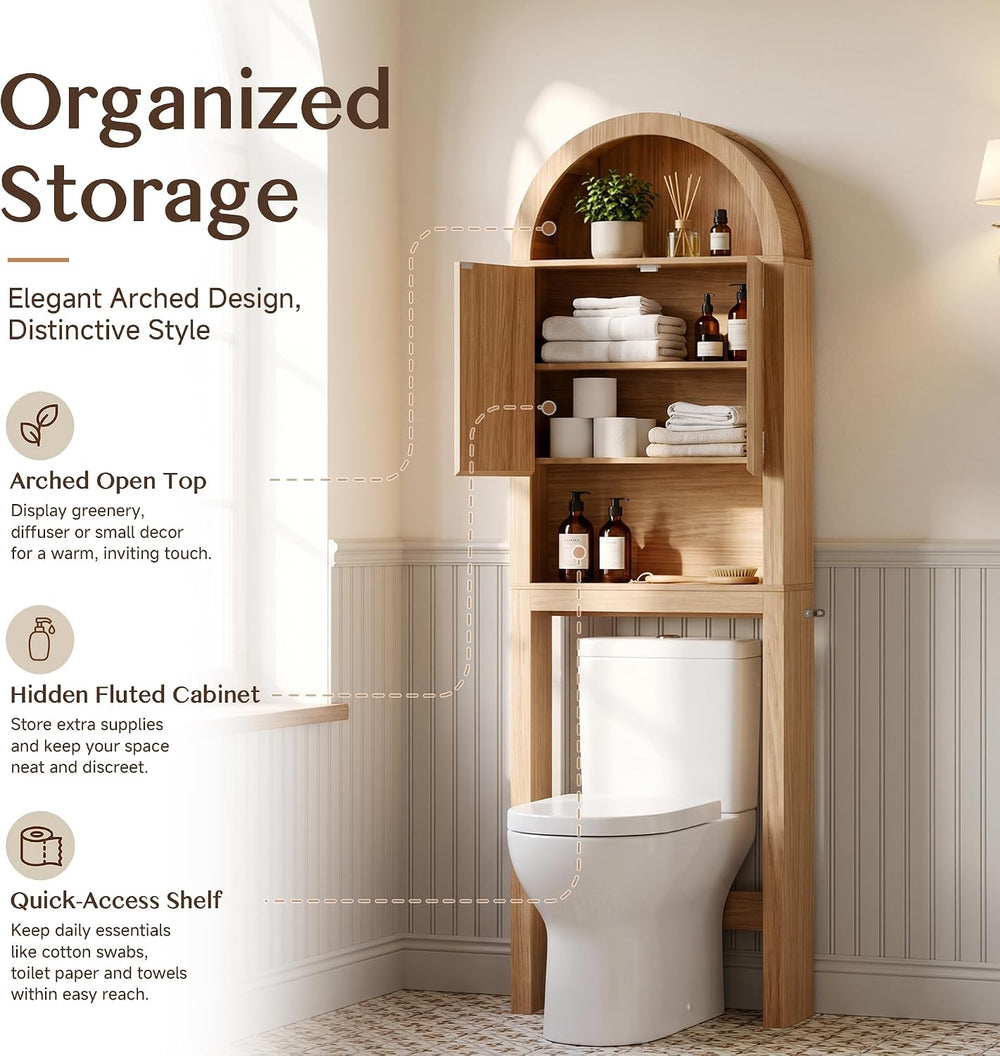 Arched Over The Toilet Storage Cabinet with Fluted Doors, Natural