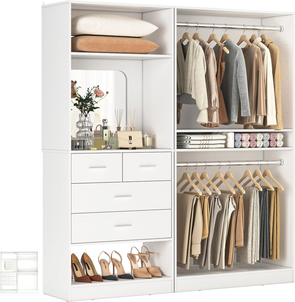 Unikito 61" Closet System, Heavy Duty Wood Closet Organizer with 2 Hangi...