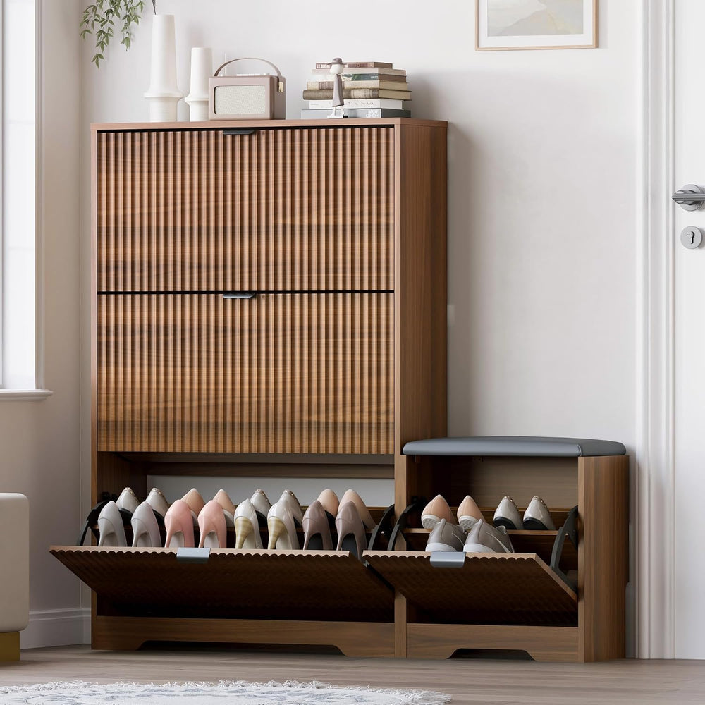 BORNOON Slim Shoe Cabinet with Bench for Entryway, Hidden Storage and Adjusta...
