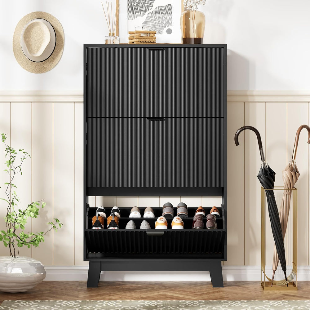 Shoe Cabinet Storage for Entryway with 3 Flip Drawers, Fluted Narrow Shoe Org...