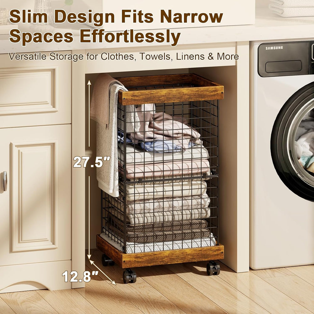 Laundry Basket with Wheels, Rolling Hamper Wooden Wire Laundry Bin