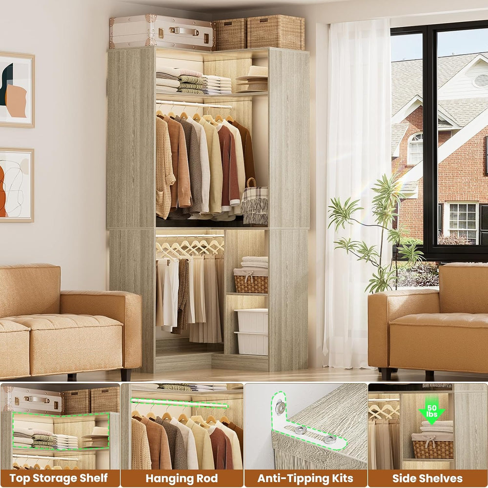Aheaplus Corner Closet System with Shelves, L Shaped Closets, White Oak