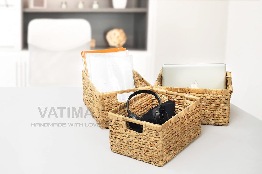 VATIMA Large Rectangular Wicker Basket with Wooden Handles for Shelves and St...