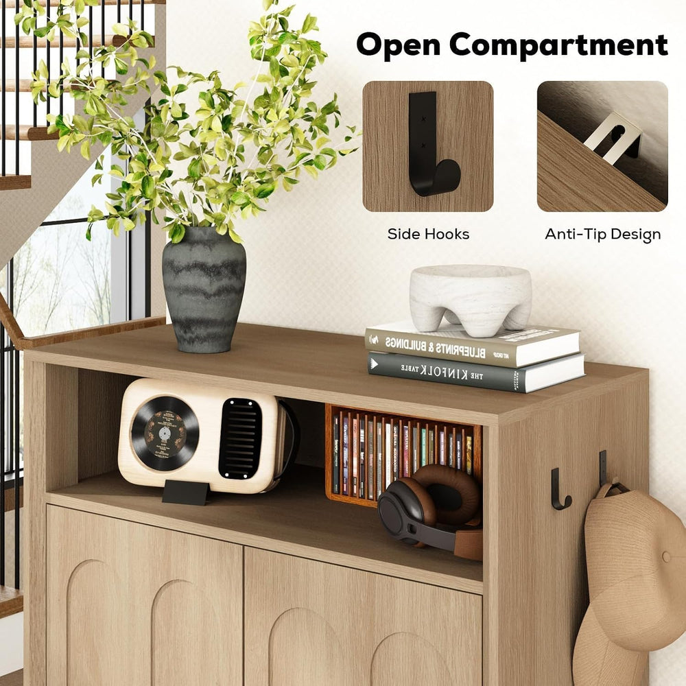 Shoe Cabinet with Arched Doors, 43" Hidden Shoe Storage, Oak