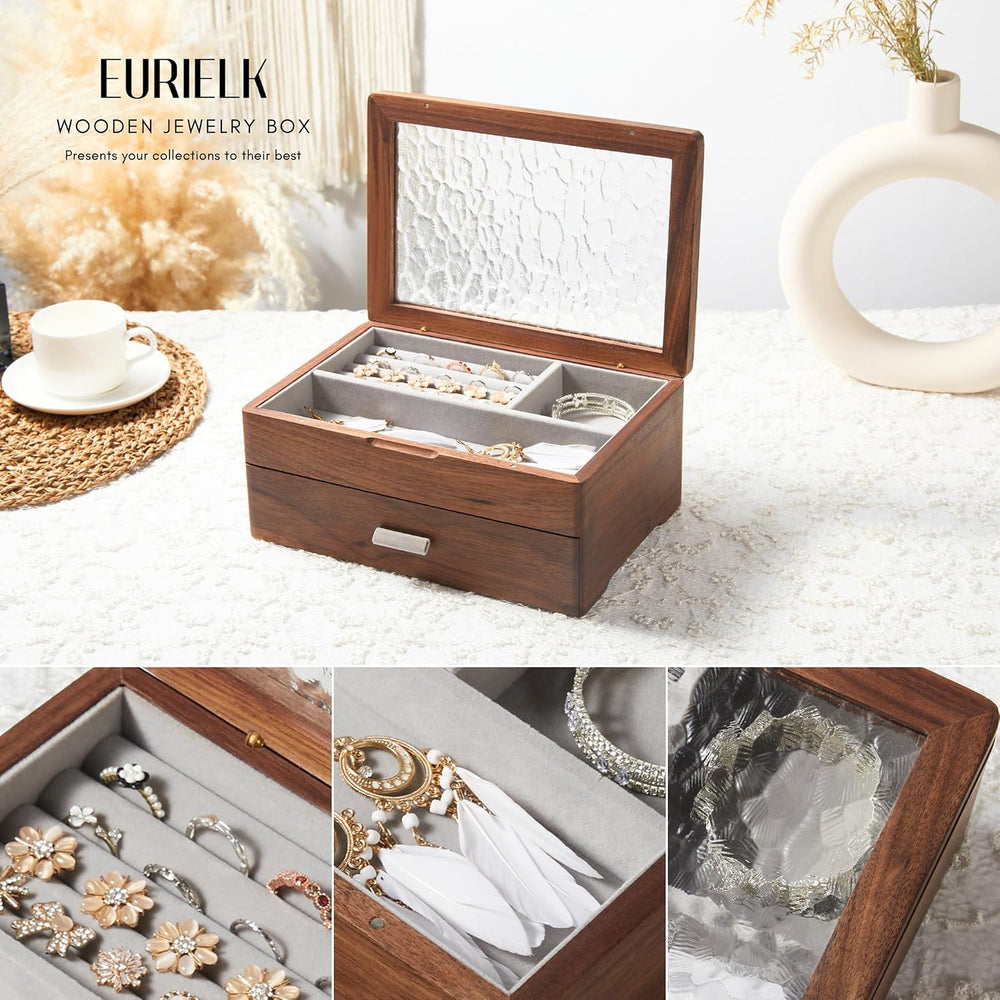 Wooden Jewelry Box, 2-Layer Organizer with Drawer, ek06-b-walnut
