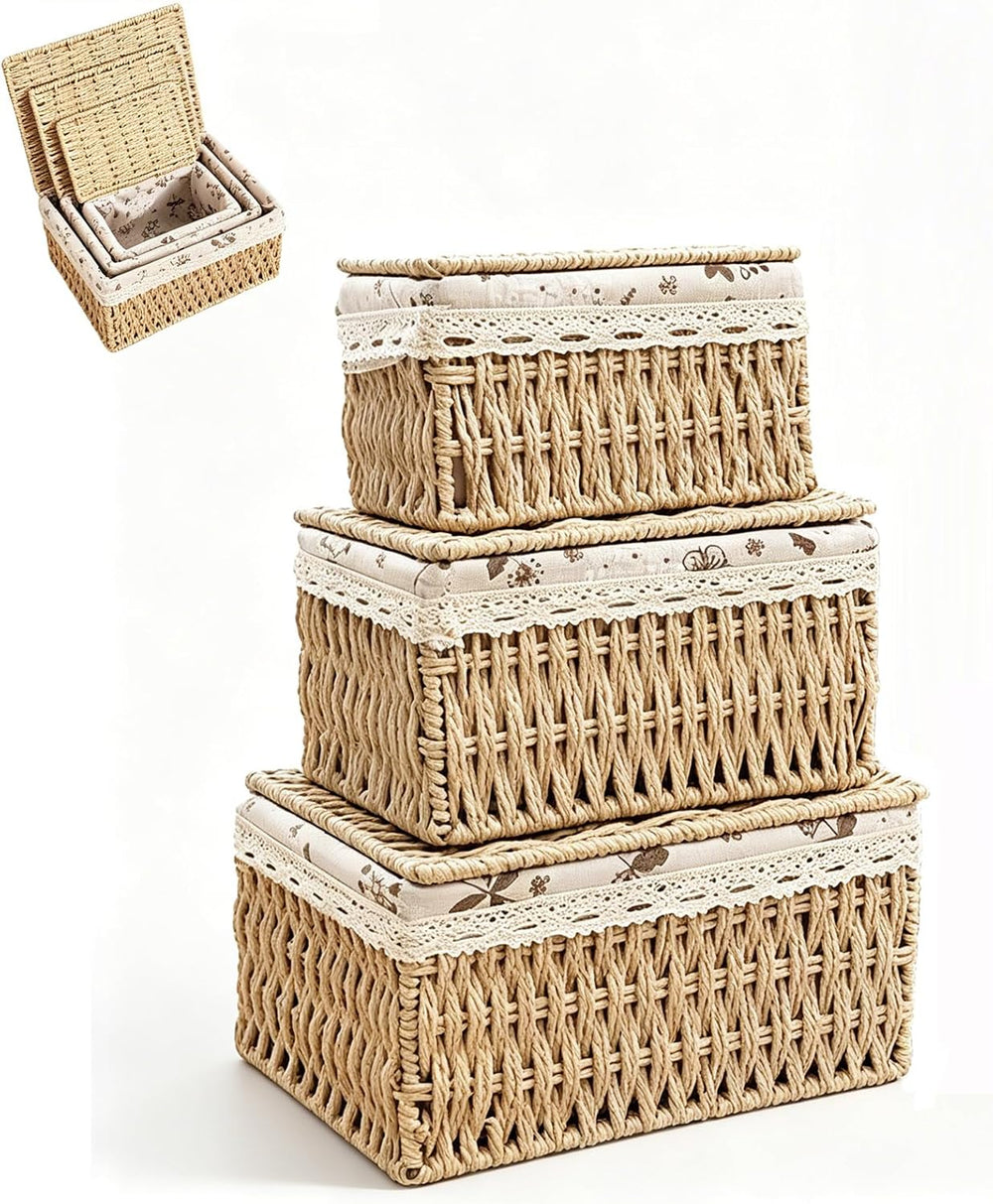 Wicker Storage Baskets with Lids, Set of 3 Nesting Natural Rattan Organizer B...