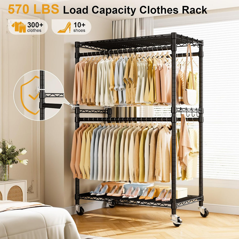 ULIFHOME Rolling Clothes Rack, Clothing Racks for Hanging Clothes, Black