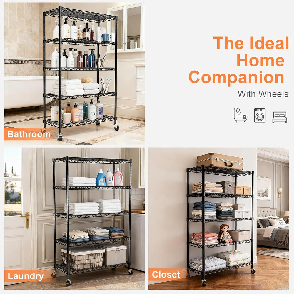 5-Tier Heavy Duty Metal Shelving Unit on Lockable Wheels,30"x14"x62...