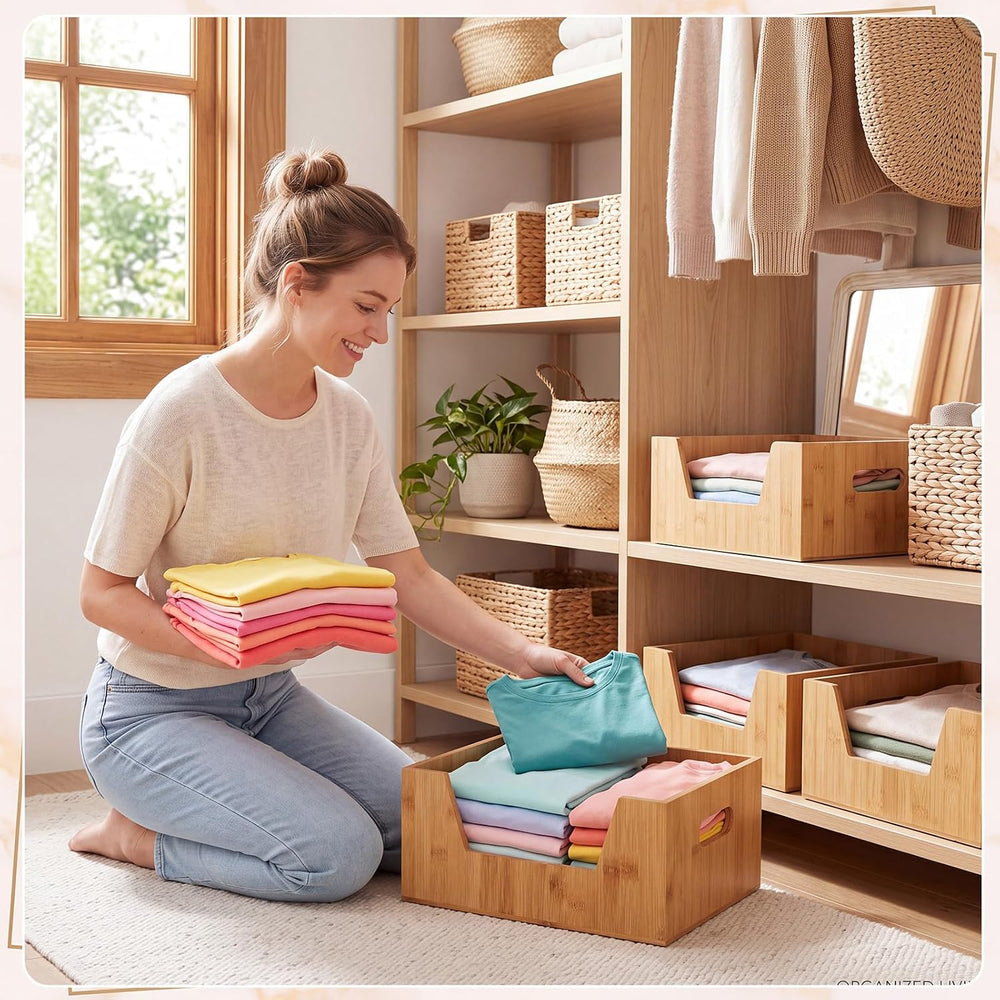 4 Pcs Stackable Bamboo Pantry Storage Bins for Kitchen Storage
