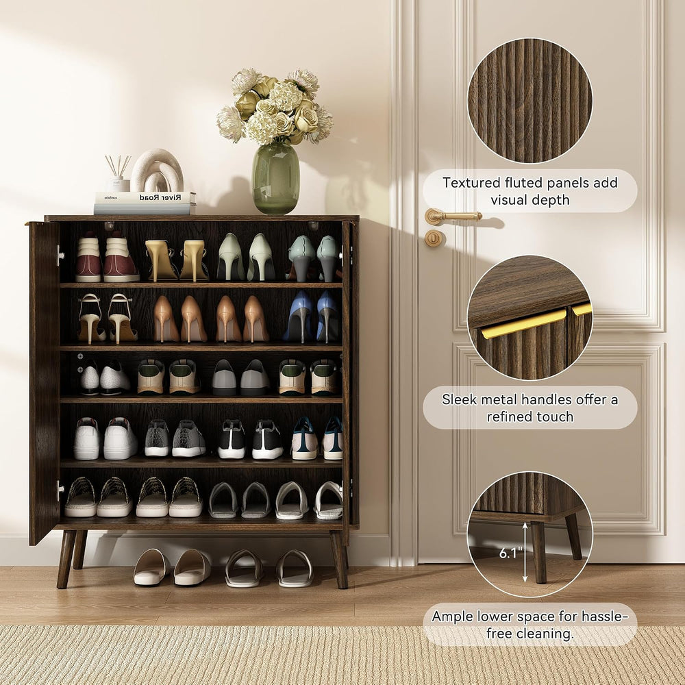 5-Tier Shoe Storage Cabinet with Adjustable Shelves, Walnut丨Fluted Shoe Cabin...
