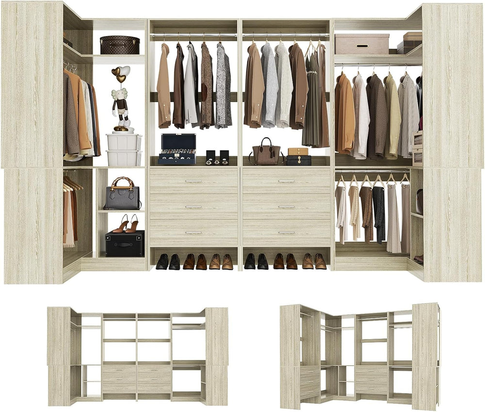 Aheaplus Closet System with Drawer，Hanging Rods,U-Shaped，Set of 4,White Oak